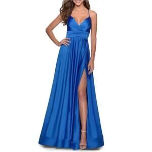 $408 NWT La Femme Formal Evening Gown Size 2 Blue Satin Wedding Party Bridesmaid